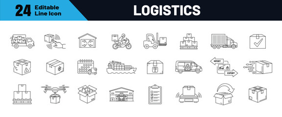 Logistics line icon set. Containing shipping, delivery, distribution, cargo, freight and transportation. Editable stroke icons. Vector illustration.