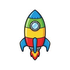 Red, Yellow, and Blue Cartoon Rocket Ship Flying with Flames