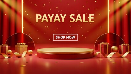Payay sale promotion with podium, gifts, and confetti on red background