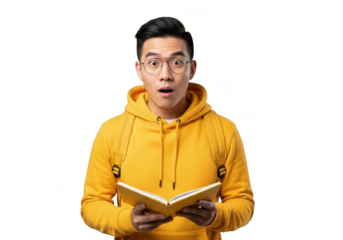 Young man in yellow hoodie holding book isolated on transparent background