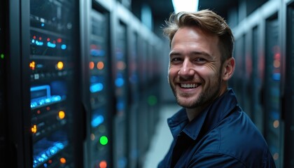 Man smiles in data center near server racks. IT technician works with computers and network equipment. Professional system administrator maintains tech infrastructure.