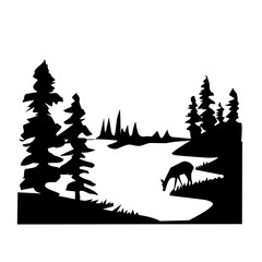 Serene forest lake landscape silhouette featuring tall pine trees and a deer drinking at the water's edge. A peaceful, natural scene for wilderness and outdoor designs.
