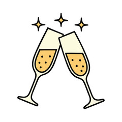 Two champagne flutes clinking with celebratory sparkles, a vibrant icon symbolizing a toast, party, or special occasion. Perfect for festive designs.