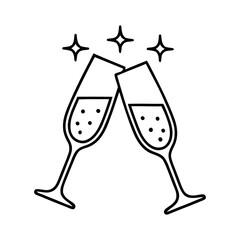Simple line art icon of two champagne glasses clinking with sparkling effects, symbolizing celebration, cheers, and festive occasions like New Year's Eve or anniversaries.