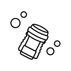 Simple line art icon of a bubble wand or soap bubble bottle surrounded by playful circles, evoking childhood fun and lighthearted moments.