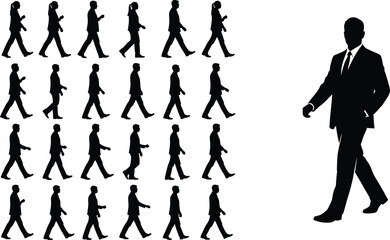 Silhouette of a walking man in various poses and a single suit