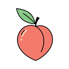 A charming, hand-drawn style vector illustration of a ripe peach with a vibrant green leaf and dark stem, perfect for summer, food, or healthy eating designs.