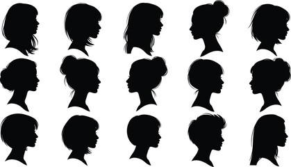 Collection of twelve black silhouette profiles of various human heads