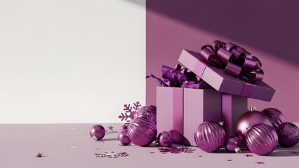 Elegant purple christmas gift box with ornaments and confetti