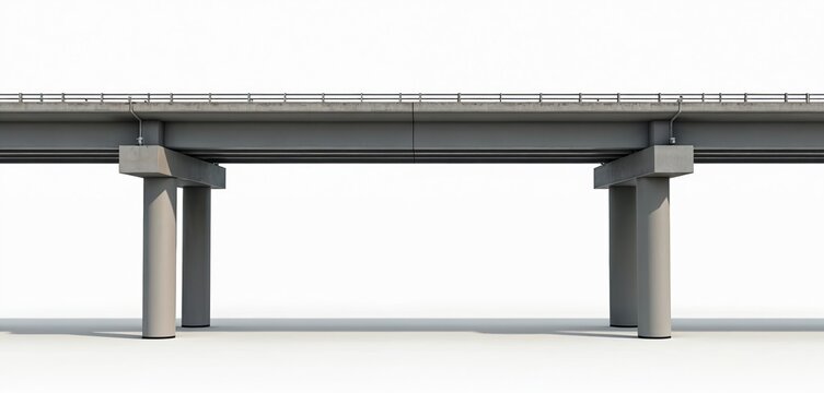 Concrete elevated highway bridge with support pillars on white background. Modern infrastructure for vehicle transport and travel. This overpass is a connection for routes and journeys.