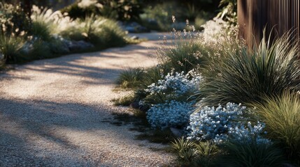 native garden plants beside gravel driveway in hyper realistic landscaping detail