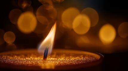 luxury candle flame macro with golden bokeh intimate cinematic lighting