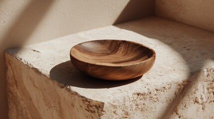 minimalist wooden bowl still life on beige stone table top view