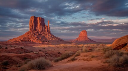 dramatic desert sandstone formations at sunset with cinematic warm light