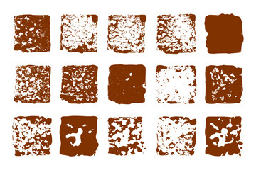 Set of graphic elements with grunge texture for adding distressed, handcrafted, or rough edge to your designs. Vector illustration of square geometric shapes with jagged, rough edges.