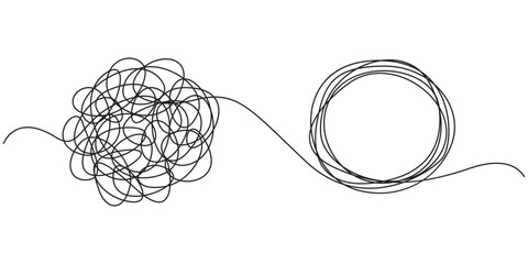 Obraz premium Chaotic tangled line transforms into circle knot illustration. Abstract concept showing problem-solving path from mess to order in vector graphic format.