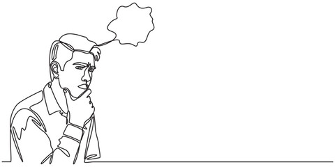 Continuous line drawings of a young man thinking.worried man thinking problem about businessman confused vector illustration. one line drawing of a thinking man.