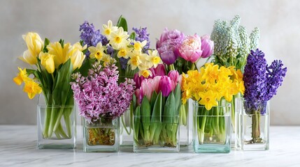 A vibrant collection of spring flowers displayed in clear glass vases. Tulips, daffodils, and hyacinths create a colorful and cheerful ambiance on a neutral-toned surface.