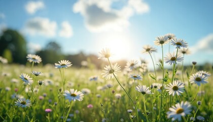 Field of white daisies and grass under bright summer sun with blue sky and clouds. Soft light illuminates white petals and green stems of blooming wildflowers. Peaceful natural landscape.