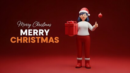3d character woman in santa hat holding gift box and ornament