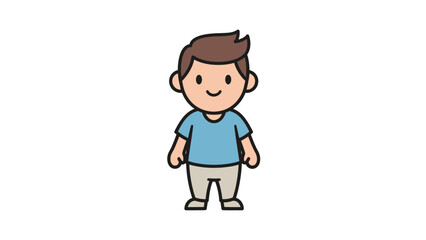 Cute Cartoon Boy Standing Happily in Blue T-Shirt, Isolated White Background.