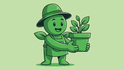 Happy Green Cartoon Gardener Character Holding a Potted Plant on Light Green Background