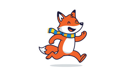 Cute Happy Cartoon Fox with Scarf Running Playfully on Light Yellow Background