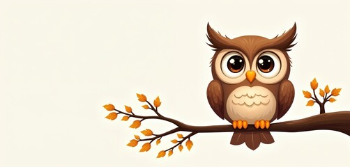 Fototapeta premium Cartoon brown owl sits on tree branch with orange leaves. Cute animal looks with big eyes. Peaceful nature scene, autumn vibes, wise character.