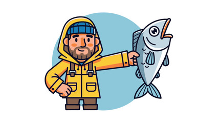 Happy Cartoon Fisherman in Yellow Raincoat Holding a Big Fish on Light Blue Background