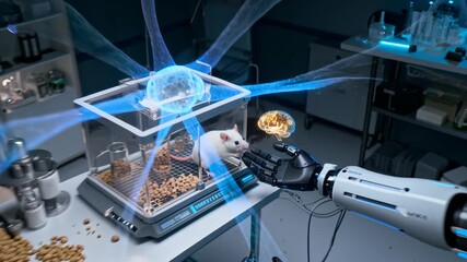 White lab rat reaches toward a robotic prosthetic hand with a holographic brain projection above the device in a sterile laboratory setting suggesting neuroscience experiments and human animal technol - Powered by Adobe