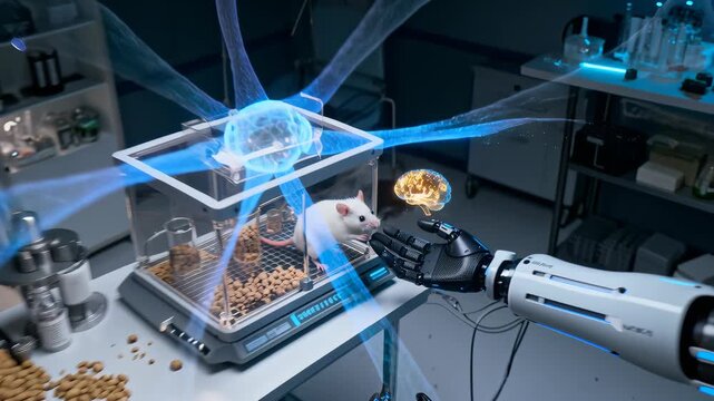 White lab rat reaches toward a robotic prosthetic hand with a holographic brain projection above the device in a sterile laboratory setting suggesting neuroscience experiments and human animal technol