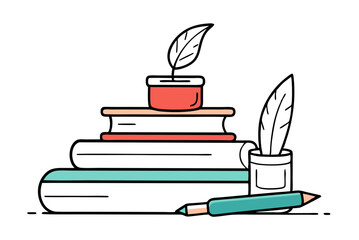 Classic education books ink pot and quill pen outline illustration