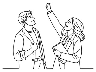 Young happy male and female business managers teamwork line drawing