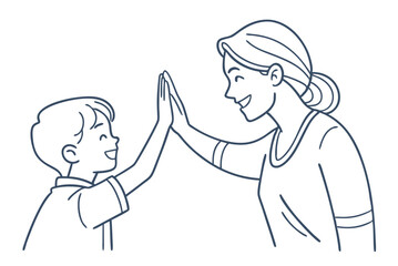 Young mother giving high five to son success achievement line drawing