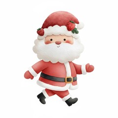 A cheerful, cartoon Santa Claus character wearing a red suit and hat, decorated with strawberries, joyfully walking, color pencil Santa Claus clipart on white background