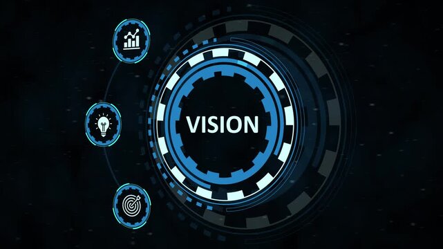 business vision and innovation network dashboard. digital corporate strategy concept on blue virtual screen. futuristic business vision interface with blue hud gear.
