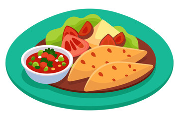 Traditional Mexican Food Platter With Quesadillas Beans And Pico De Gallo Illustration