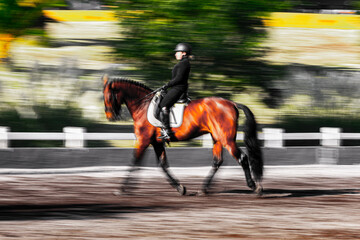 Equestrian practicing dressage with motion blur effect