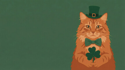 Fluffy orange cat wearing a green leprechaun hat and bow tie holds a shamrock for a St. Patrick's Day greeting card illustration.