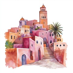 Ghardaia. Ghardaia hand drawn watercolor illustration on white background