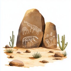 Sahara Rock Art. Sahara Rock Art hand drawn watercolor illustration on white background