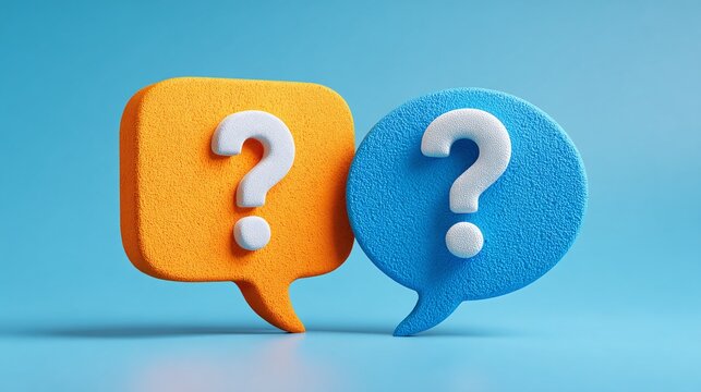 Two stylized speech bubbles, one orange and the other blue, each containing a white question mark. They represent the concept of questions, inquiries, or seeking answers to puzzles.