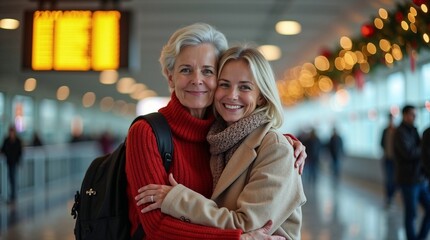 Senior mother and adult daughter hugging and smiling at an airport during a holiday reunion with Christmas decorations in the background.