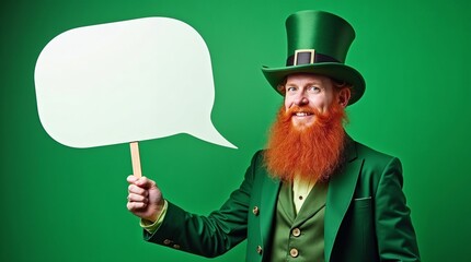 Smiling leprechaun with a red beard in a green suit holding a blank speech bubble for St. Patrick's Day messages on a green background.