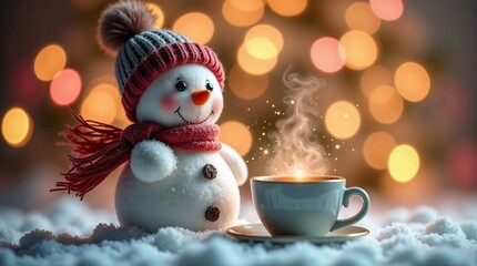 A cute snowman figurine wearing a winter hat and scarf stands in the snow beside a steaming cup of hot coffee, with a cozy, festive bokeh light background.