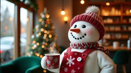 A festive snowman barmen character wearing a red hat and apron holds a steaming mug in a cozy coffee shop with a Christmas tree.