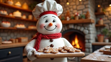 Cute snowman chef in a red scarf holding a tray of gingerbread cookies in a cozy kitchen with a warm fireplace, perfect for holiday baking themes.