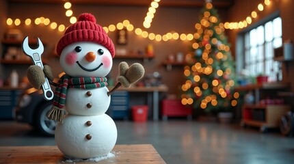 Cute snowman mechanic in a red hat holding a wrench inside a festive garage with a decorated Christmas tree and warm bokeh lights.