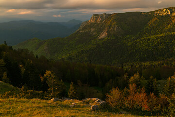 Golden sunset light over forested mountain ridges and deep valleys in Sutjeska National Park, Bosnia and Herzegovina, peaceful spring wilderness, dramatic Balkan landscape, freedom, travel, untouched 