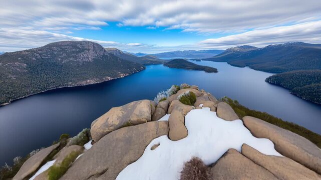 Mountain peak overlooks a deep blue lake and forested islands with a foreground snow patch and rocky outcrop, shot in wide panoramic view with sweeping cloud movement and open sky area for text to con